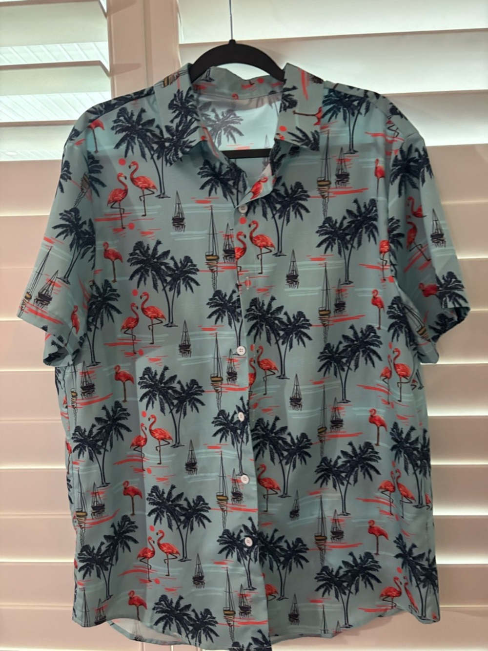 Casual Flamingo & Palm Print Short-Sleeve Shirt - Light Aqua